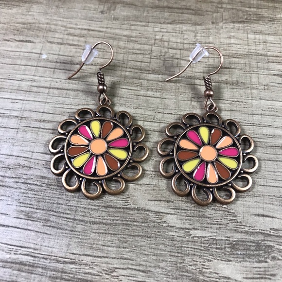 Bohemian Yellow Pink Floral Gold Earrings - Picture 3 of 5